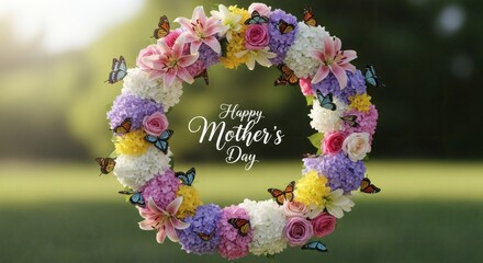 Vibrant Spring Flower Wreath with Butterflies for Happy Mother's Day Greeting. Floral Circle Frame on Green Background