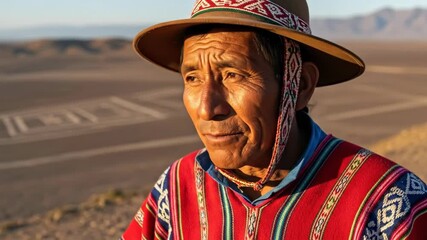 Elderly man in traditional attire gestures against ancient geoglyph background at sunset