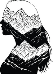 Womans silhouette filled with a majestic mountain landscape, symbolizing strength, nature, and inner beauty black and white art