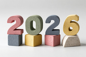 AI-generated 2026 textured numbers standing on colorful geometric bases