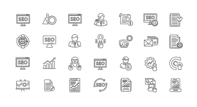 Set of SEO and marketing icons thin line vector symbols for website and presentation isolated on whi