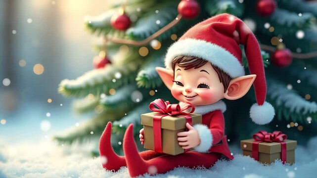 Cute christmas elf child in red suit holds gift box sitting in snow by decorated tree on xmas day