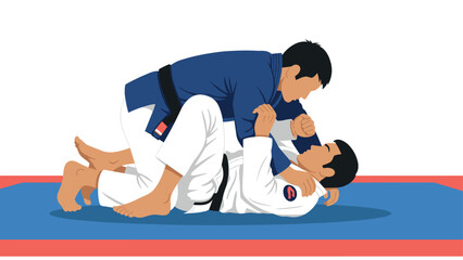 Brazilian jiu jitsu training scene with two practitioners on mat in combat pose