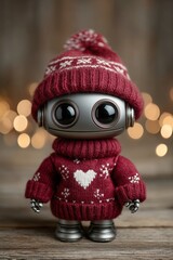 Small robot wearing red knitted sweater with white heart, adorable AI-inspired Christmas toy ideal for holiday decor, branding, and creative product visuals.