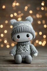 Cute toy robot wearing gray knitted hat and sweater sitting on wooden table, adorable winter still life perfect for holiday cards, product mockups, and decor.