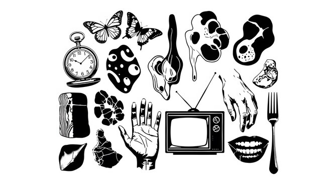 Collection of surrealist drawing elements black and white vector illustrations for graphic design is