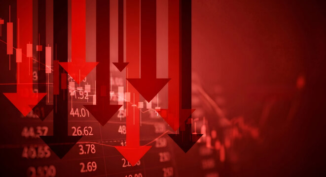 Red downward arrows with financial data on an economic graph. Concept of stock market crash, economic crisis, recession, currency collapse, and financial loss.
