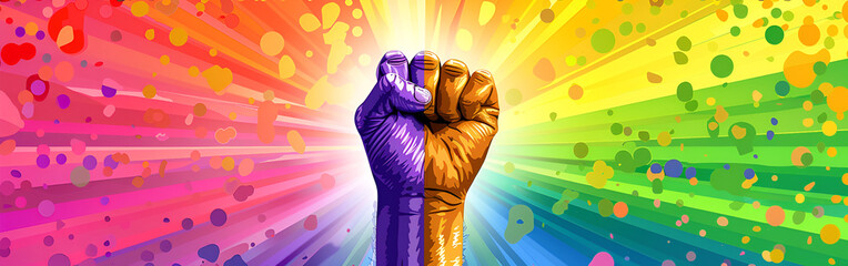 Uplifting vibrant fist symbolizes unity and empowerment, celebrating diversity with a burst of colorful energy and strength