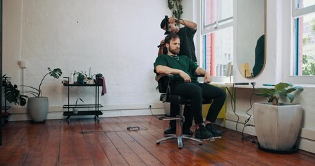 Man, brush and hairdryer at salon, customer and tools for client, trim or grooming services, People, appliance and equipment for hairdresser, treatment or appointment for makeover at barber shop