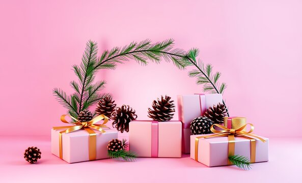 Pink background christmas gifts pine cones branches festive design christmas background christmas holiday background winter decoration celebration