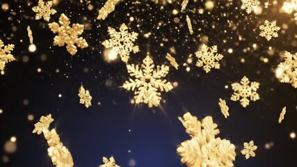 Festive golden Christmas snowflakes gently falling on a dark blue background, perfect for Happy New Year greetings and festive backgrounds