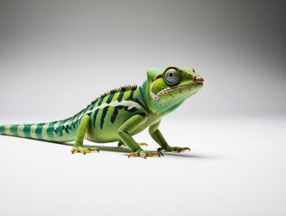 Fototapeta premium Green Chameleon on Light Surface: A stunning close-up of a vibrant green chameleon, showcasing its intricate skin patterns and unique eye structure, against a softly lit background.