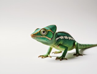 Fototapeta premium Curious Chameleon: A vibrant green chameleon, with distinctive eyes, poised elegantly against a simple, clean backdrop, showcasing its unique form.