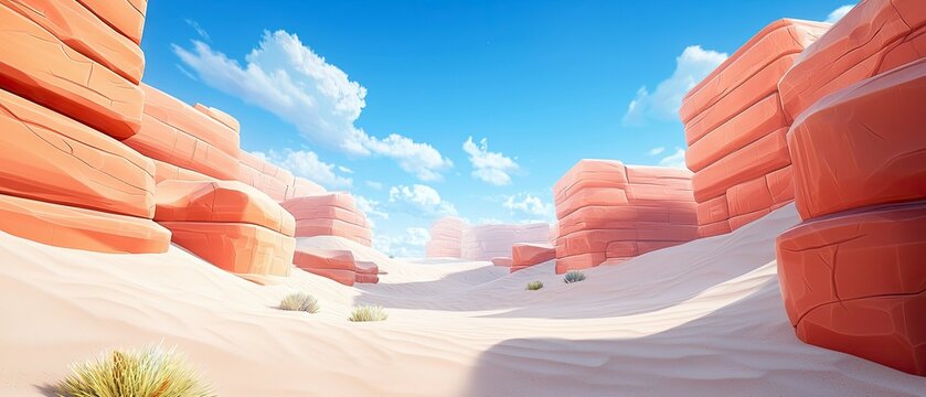 A vast, stylized desert canyon with towering red rock formations and sand dunes under a bright blue sky with scattered clouds. The scene is illuminated by warm, - Powered by Adobe