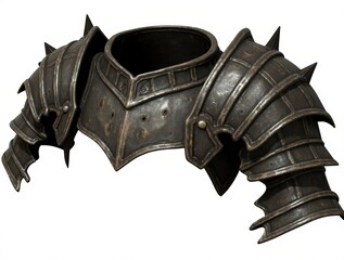 Ancient Armor's Silhouette: A detailed close-up shot of weathered and battle-worn armor, showcasing its intricate metalwork, spikes and historical significance.