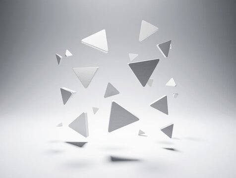 Abstract 3D rendering of multiple levitating white geometric triangles and shards floating in a clean, minimalist space with soft shadows