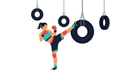 Female kickboxer practicing with hanging tires for fitness and strength training illustration