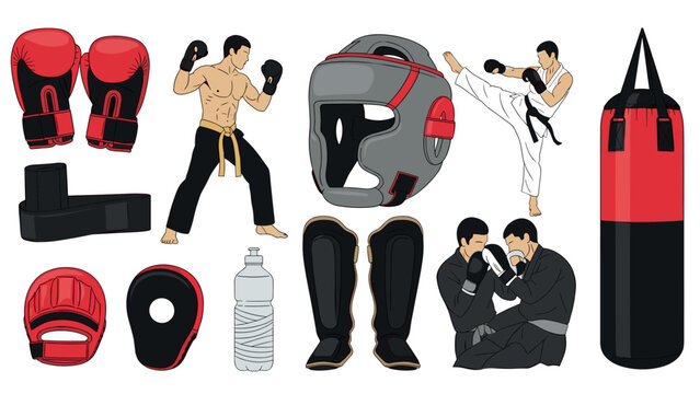Martial arts training equipment and techniques illustration for fitness and sports enthusiasts