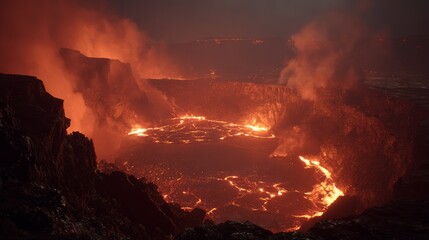 A fiery volcanic caldera glows with molten lava. Dark cliffs surround, clouds of smoke drift, creating a dramatic, hellish scene