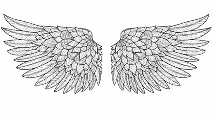 Obraz premium Detailed Line Art Drawing of Angel Wings Spread Open.
