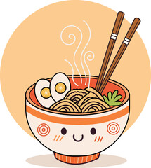 Cute cartoon ramen bowl with chopsticks, eggs, and noodles, on a peach background