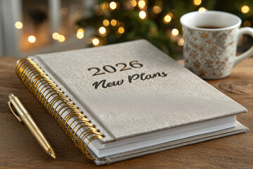 AI-generated 2026 New Year plans notebook with golden pen and coffee mug