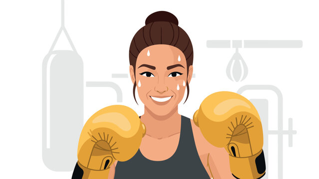 Determined female boxer smiling with boxing gloves in gym illustration for sports motivation