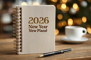 2026 New Year New Plans spiral notebook with pen and festive lights