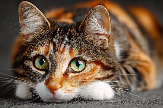 Adorable close-up of a domestic calico cat with mesmerizing green and amber eyes, looking intently forward.