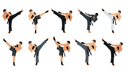 Martial arts training set: karate kick techniques illustration for educational design and sports enthusiasts