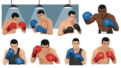 Boxing fighters illustration - diverse male athletes with gloves in different poses for sports poster or print design