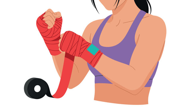 Female boxer wrapping hands with red tape vector illustration for fitness motivation and sports design