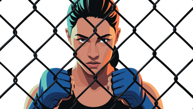 Determined female fighter behind cage fence in boxing gloves illustration