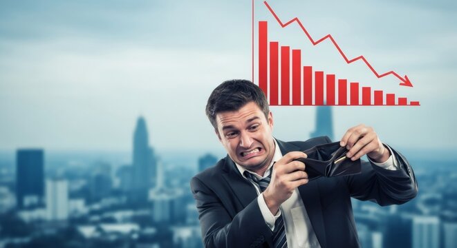 Businessman with empty wallet and economic graph showing financial collapse and crisis. Concept of inflation, poverty, bankruptcy, or unemployment.