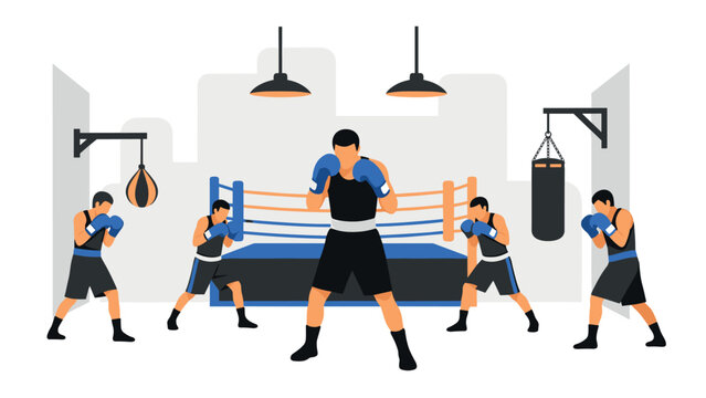 Boxing training illustration with five fighters in gym for sports design - Powered by Adobe