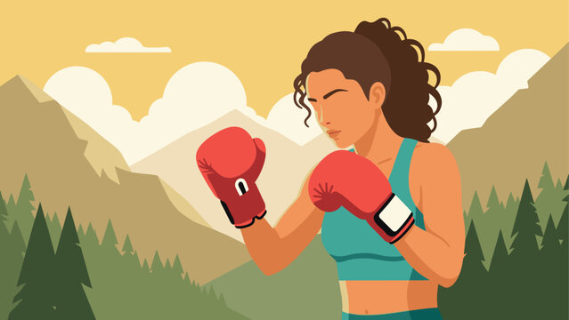 Female boxer training in mountain landscape for fitness motivation and poster design