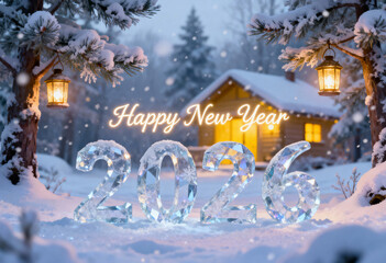 A snowy landscape with glowing lanterns, frosted pine trees, gentle snowfall, warm cabin lights in the background, large icy crystal numbers “2026,” happy new year.