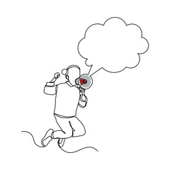 Continuous line sketch drawing of kid girl holding megaphone speaker with bubble chat. Single line art of sound tool equipment editable stroke vector illustration