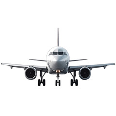 Naklejka premium A modern passenger jet airplane approaches head-on against a stark black background.