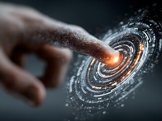 Close-up of a finger touching a futuristic digital interface with glowing holographic circles and data visualization elements