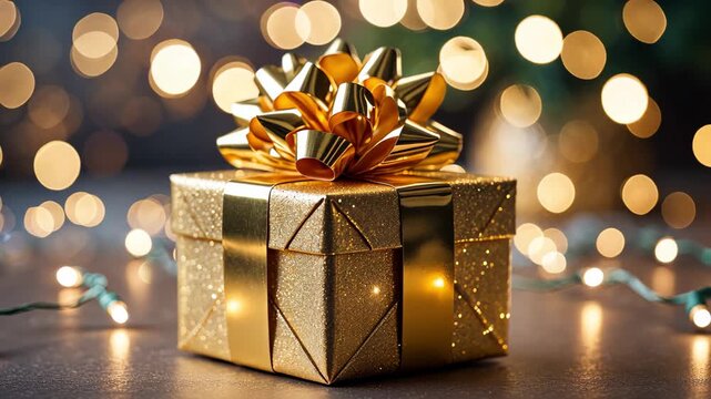 Golden glitter gift box with shining bow on a dark surface and blurred festive string lights. Christmas or New Year holiday present concept.