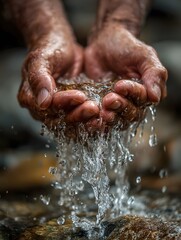 Fototapeta premium Close-up of weathered hands holding flowing clear water over natural stones in outdoor setting with soft natural lighting