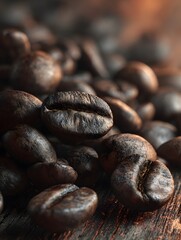 Close-up of dark roasted coffee beans scattered on a wooden surface with warm tones and rich textures, detailed macro shot emphasizing natural details