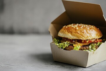 Delicious gourmet cheeseburger in eco-friendly takeout box with fresh lettuce and seeds