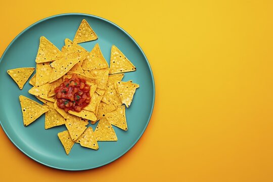 Crunchy tortilla chips with salsa on a blue plate against a vibrant yellow background