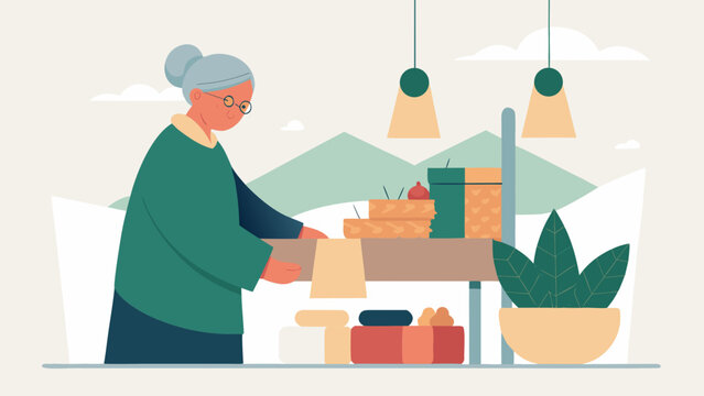 Elderly woman organizing and packing gifts at a cozy table with plants and holiday decorations