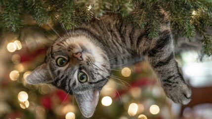 Obraz premium Playful tabby cat hanging upside down from christmas tree with festive lights