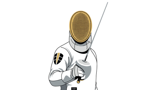 Fencing athlete with epee sword in action pose for sport and competition design