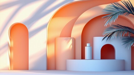 A minimalist scene with curved architectural elements, a white bottle on a pedestal, and palm leaves casting shadows, bathed in warm, soft light.
