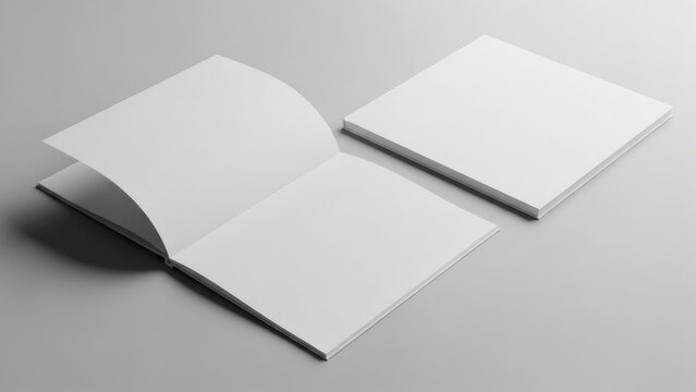 Blank square brochure mockup on a light grey background, showcasing two open and closed books